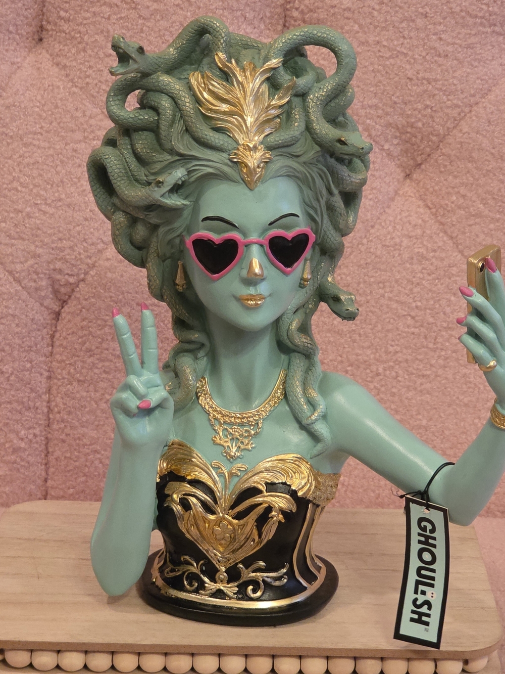 Medusa Bust Decor Sculpture in Teal with Gold Accents